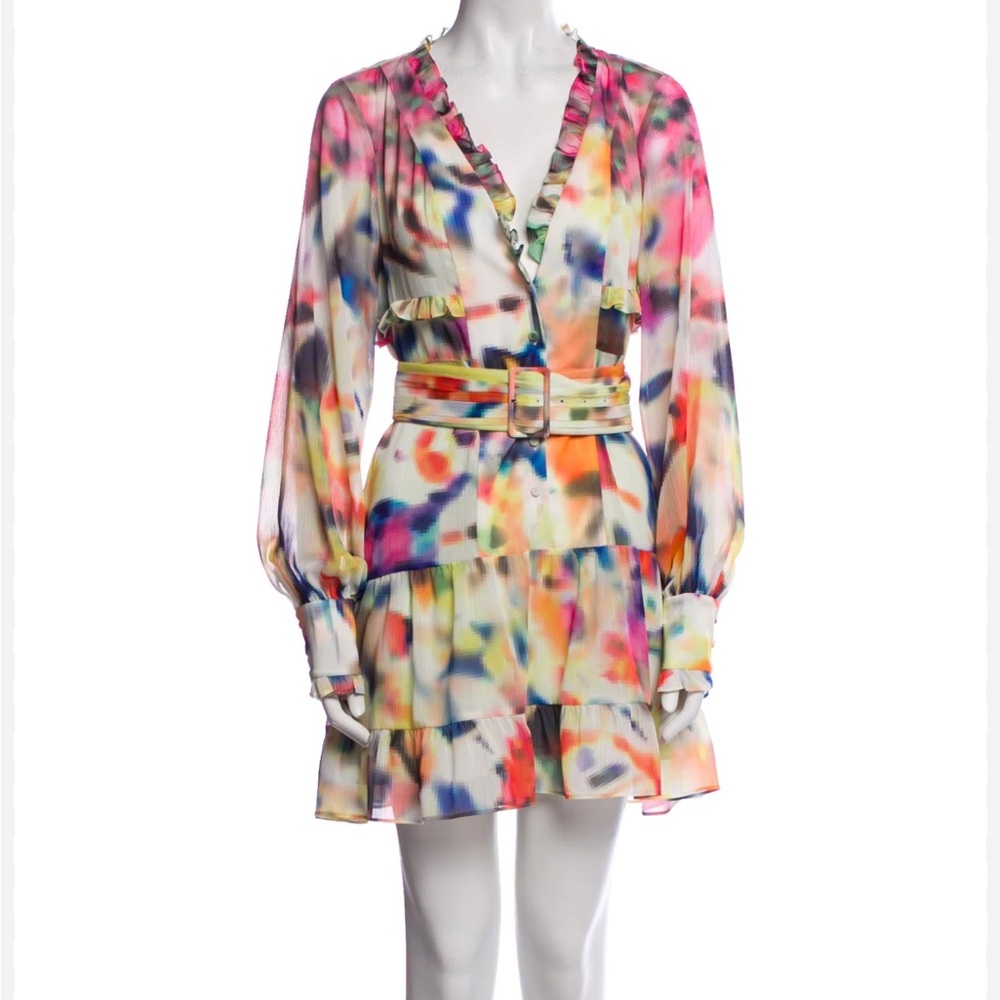 Alexis Multicolor Watercolor Ruffle V-Neck Long Sleeve Dress